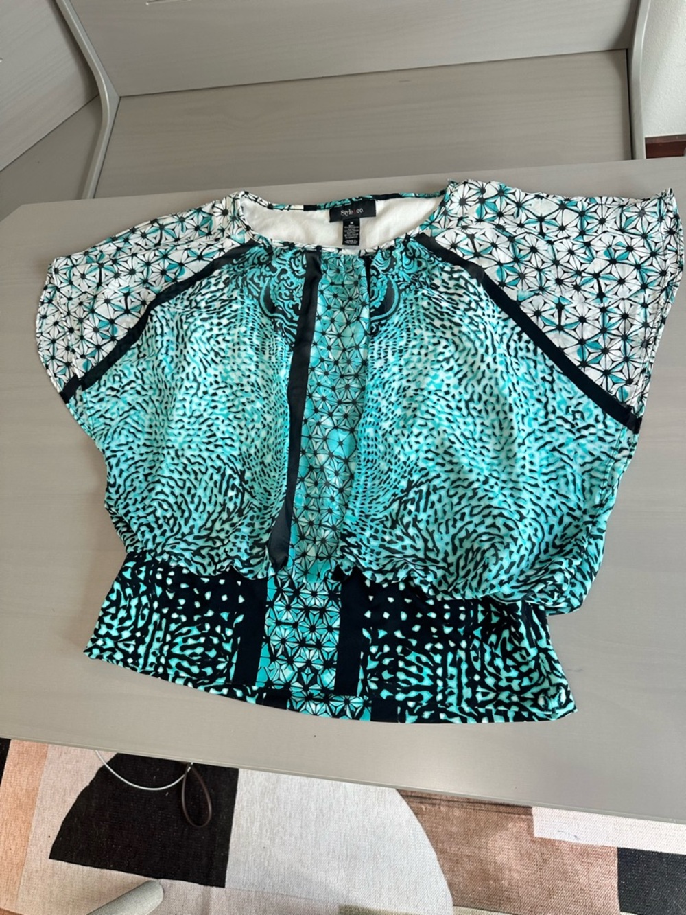 Style & Co. Turquoise and Black Patterned Blouse
